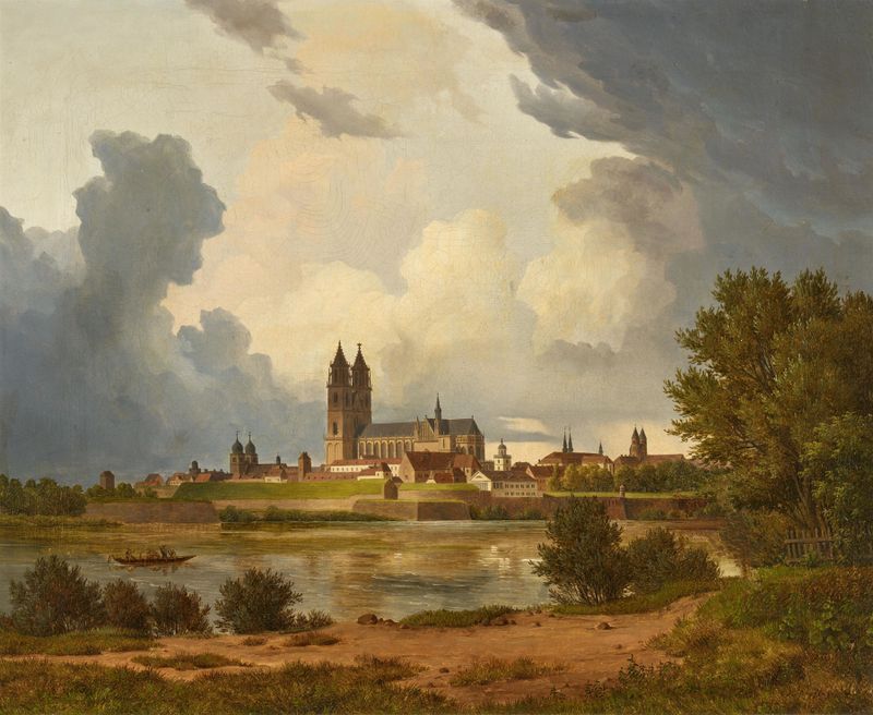 Oil painting by Carl Georg Adolph Hasenpflug depicting the Elbe river and the city of Magdeburg.