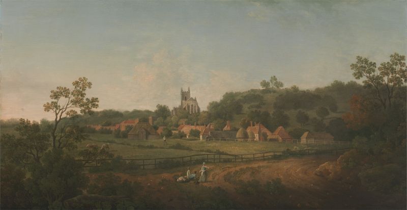 Vista lejana del pueblo y la iglesia de Hythe, óleo sobre lienzo de Arthur Nelson