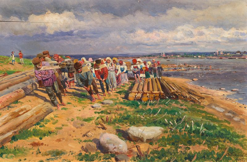 Pintura al óleo de Vladimir Egorovich Makovsky que muestra a un leñador junto al río con mujeres ayudando.
