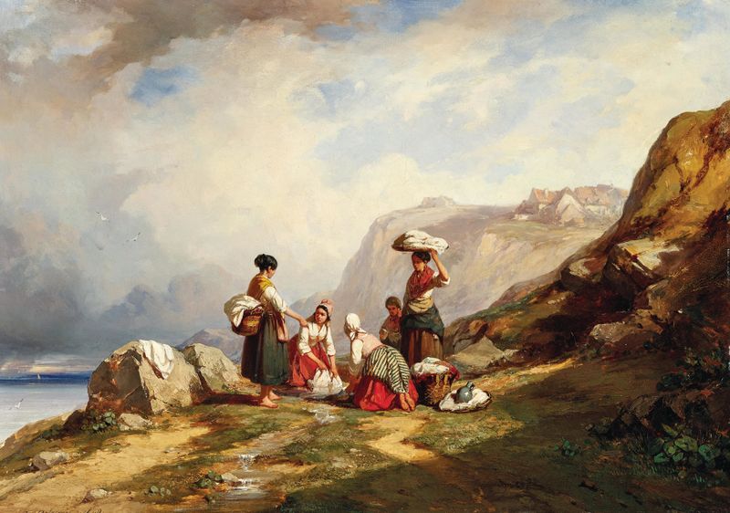 Washerwomen at a mountain lake de Auguste Delacroix, pintura a óleo