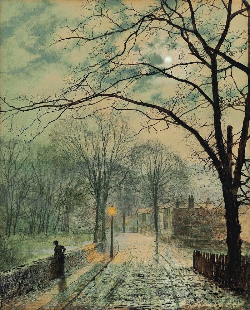 A moonlit stroll, oil on canvas by John Atkinson Grimshaw featuring a couple under moonlight.