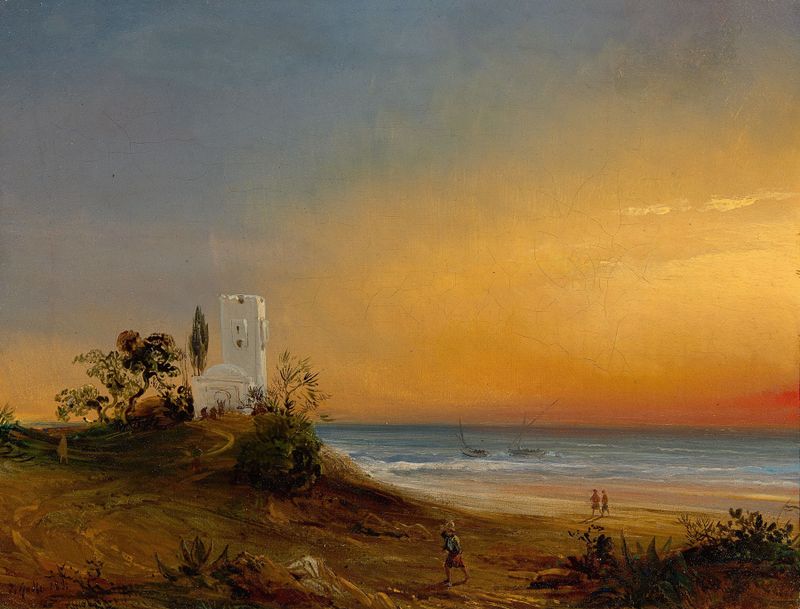 Coast in Algeria de Théodore Gudin, pintura a óleo que mostra ondas e um horizonte sereno.