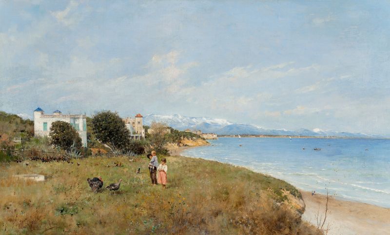 Marine scene with waves and shore by Rafael Senet y Perez, oil painting