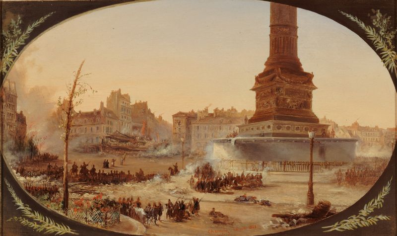Historical scene of a barricade during the 1848 revolution, oil on canvas by Jean-Jacques Champin.