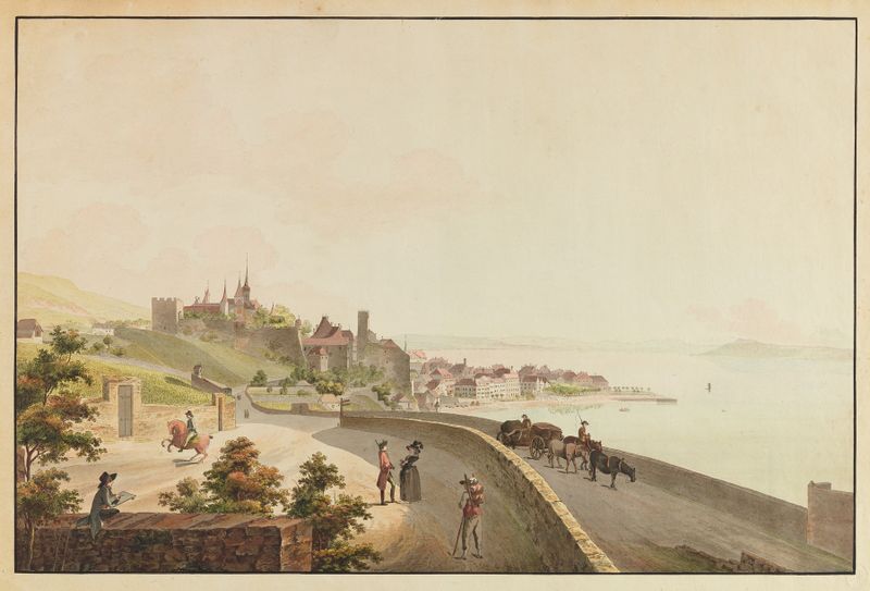 Landscape oil painting by Caspar Leontius Wyss depicting a sunrise over a horizon.