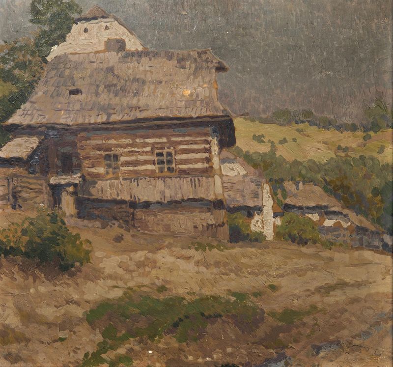 A Timber Cottage by Gustav Macoun, oil on canvas, features sunlight filtering through trees.