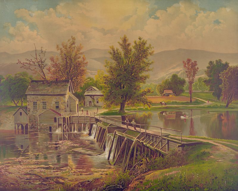 Sleepy Hollow lithograph by Krebs Lith. Co depicting a serene river in twilight.