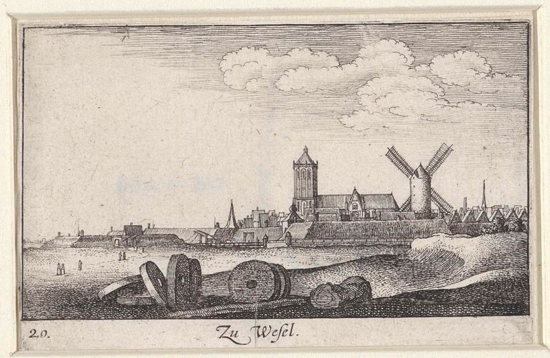 Gravura de Wenceslaus Hollar retratando uma paisagem de rio tranquila com uma vila e nuvens