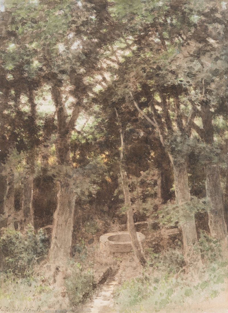Wood With Well by Carl Theodor Reiffenstein, oil painting depicting a mysterious well in a woodland setting.