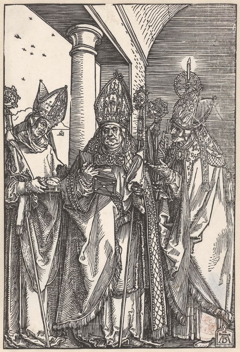 Cena religiosa com santos, gravura em papel de Albrecht Dürer
