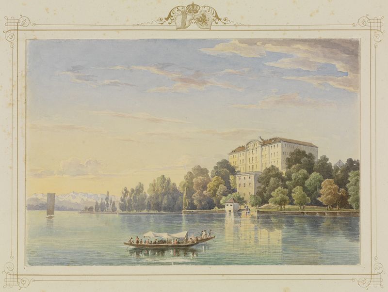Oil painting by Carl Ludwig Frommel depicting a castle by a lake