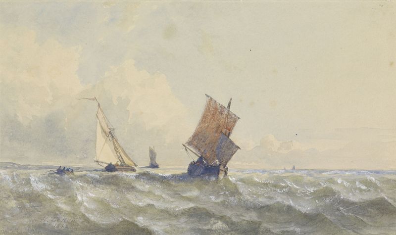 Cena marinha com três veleiros em um mar tumultuoso, óleo de Henri Le Hon, 1852