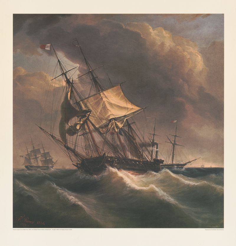 Sailing Ship in Storm de Frederic Roux, pintura a óleo mostrando um navio lutando contra ondas turbulentas.
