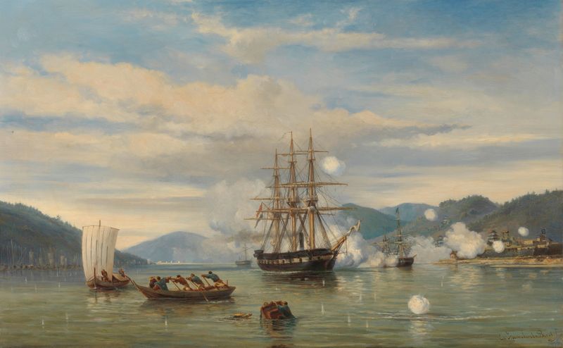 HMS Steam-Powered Battleship Medusa, 1864 de Jacob Eduard van Heemskerck van Beest, representando un barco en el Estrecho ...