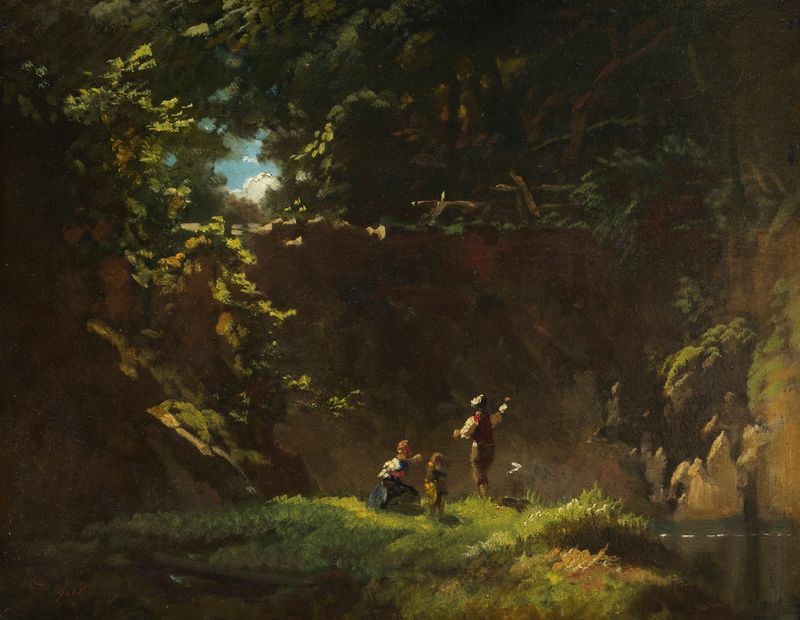 Fischende Kinder de Carl Spitzweg, pintura a óleo que retrata crianças pescando em um ambiente natural.
