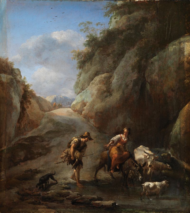 Paisagem com montanhas e rio, óleo sobre tela de Nicolaes Pietersz Berchem