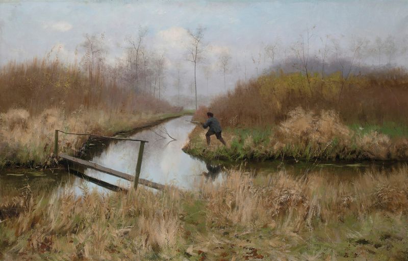 Landscape featuring a hunting scene by Emile Claus, oil painting