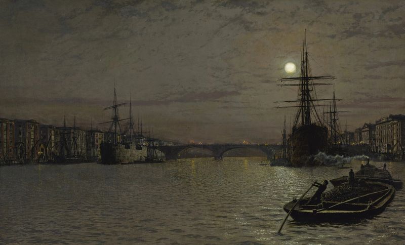 The Pool and London Bridge at Night, Victorian oil painting by John Atkinson Grimshaw
