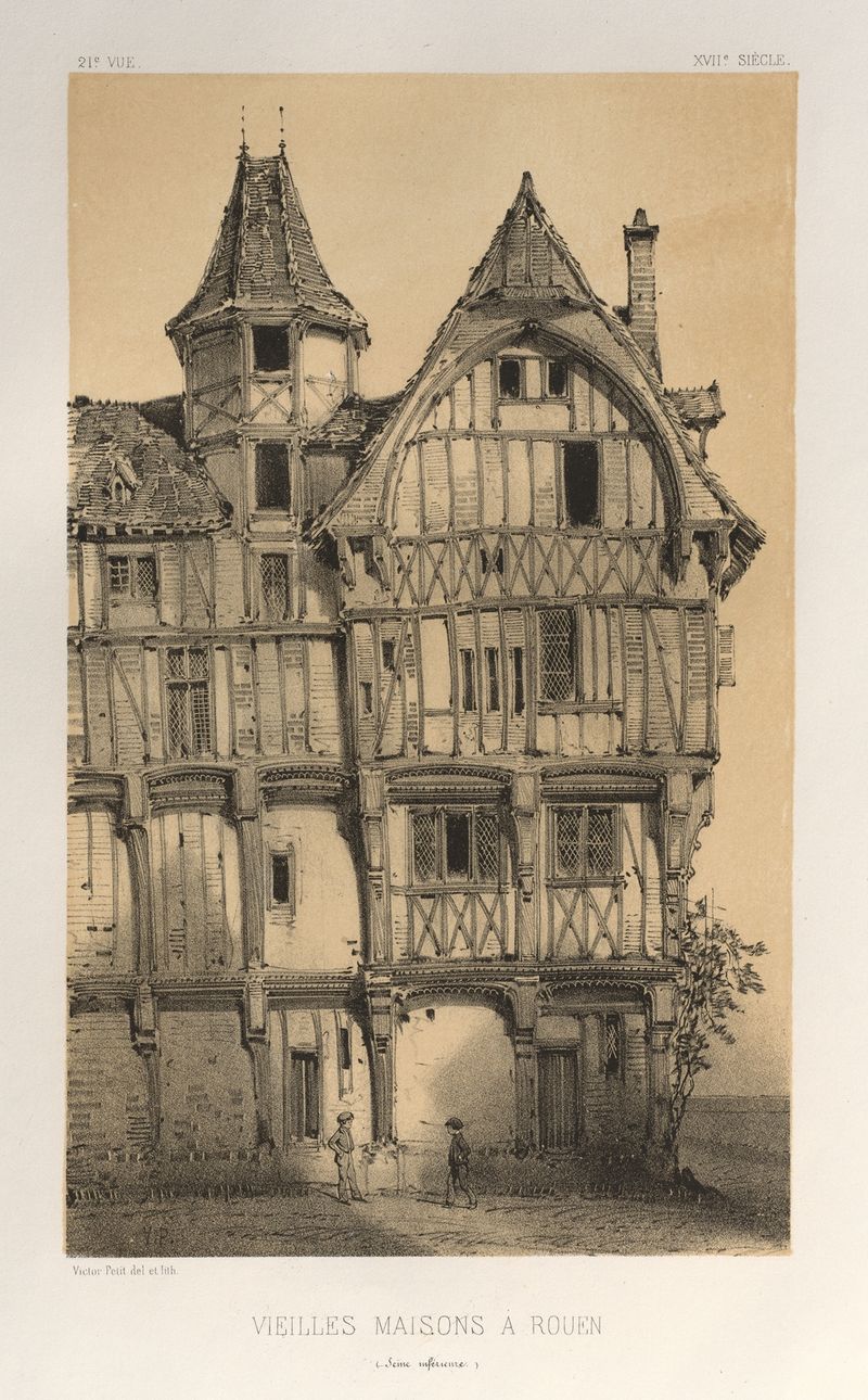 Vielles Maisons A Rouen de Victor Petit, óleo sobre tela que retrata uma paisagem de vila com casas antigas.