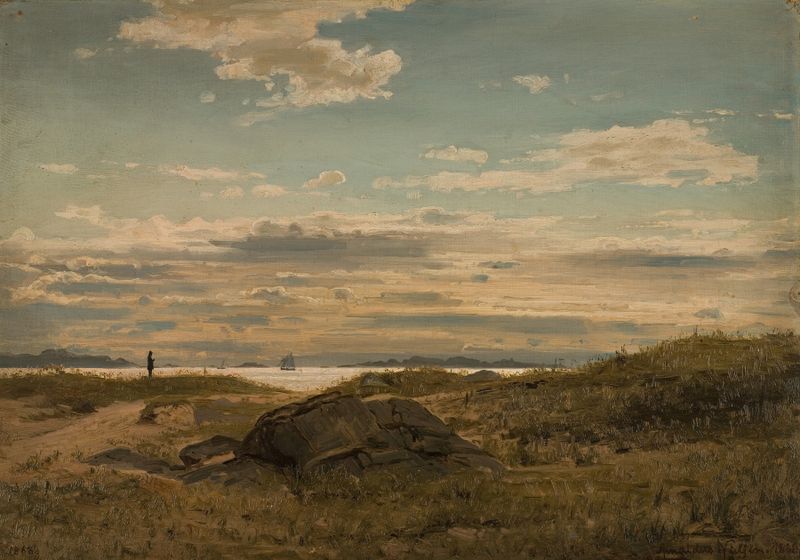 Óleo sobre tela de Amaldus Nielsen representando um fiorde tranquilo com reflexos