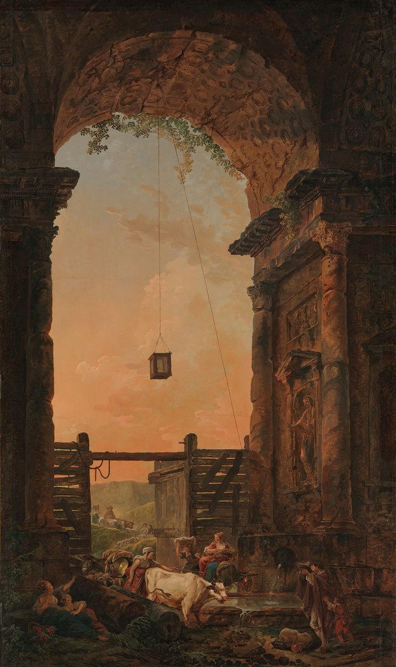 El Regreso del Ganado, óleo sobre lienzo de Hubert Robert, representando ganado pastando en un paisaje exuberante.