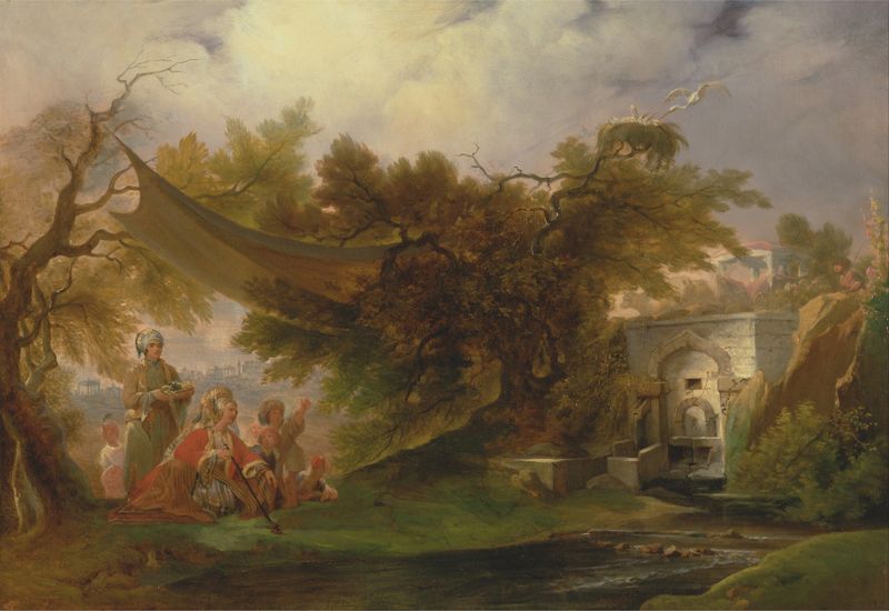 Indian Landscape with Figures near a Stream de William Daniell, pintura a óleo