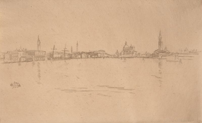 La Salute; Dawn de James Abbott McNeill Whistler, óleo que representa un paisaje al amanecer con una basílica.
