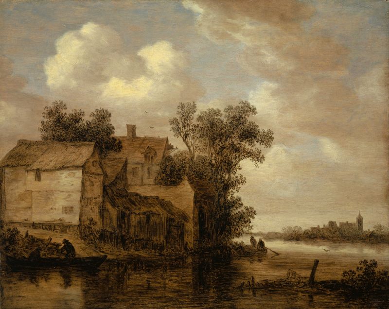 River Landscape de Jan van Goyen, óleo que muestra un río sereno y colinas bajo luz dorada.