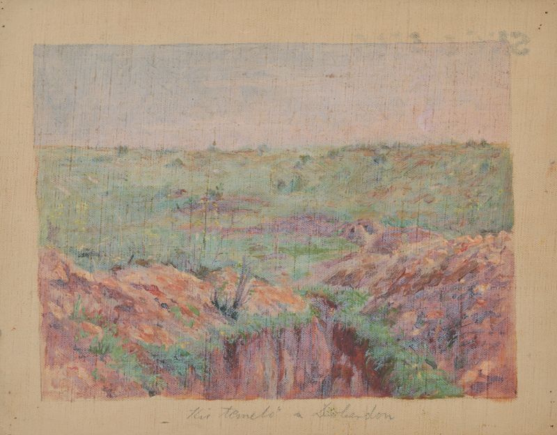 Paisaje expresionista de Dezider Czölder, que representa la luz y el silencio en un entorno devastado por la guerra.