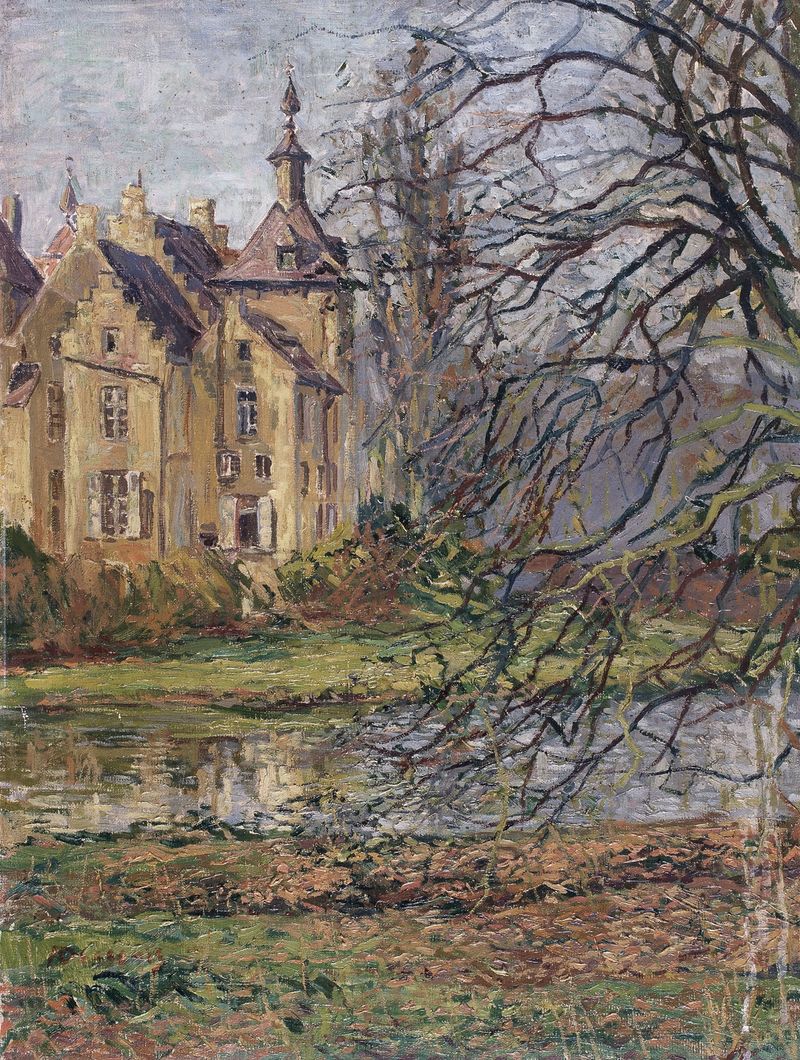 Castle at Wemmel by Alfons Dessenis, oil on canvas depicting a landscape at dusk.