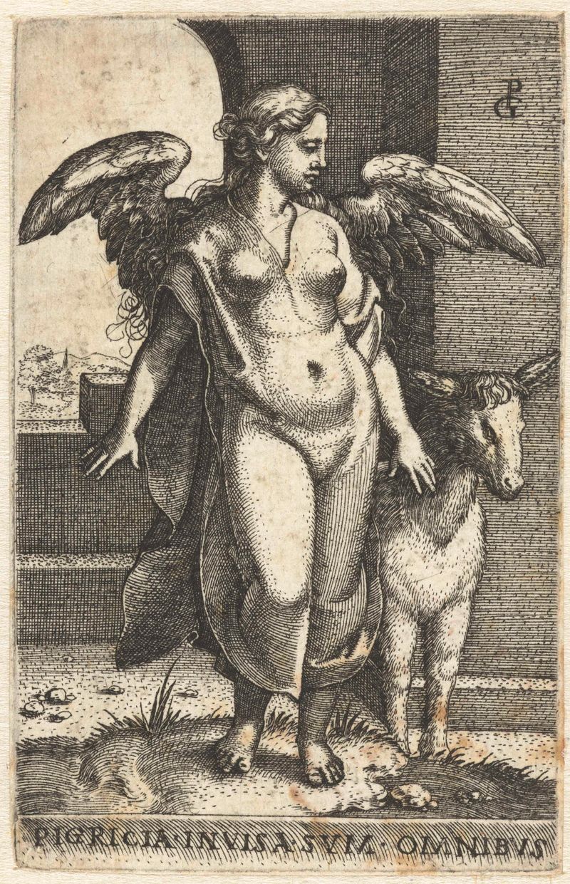 Engraving by Georg Pencz depicting a figure in rich colors, embodying ennui.
