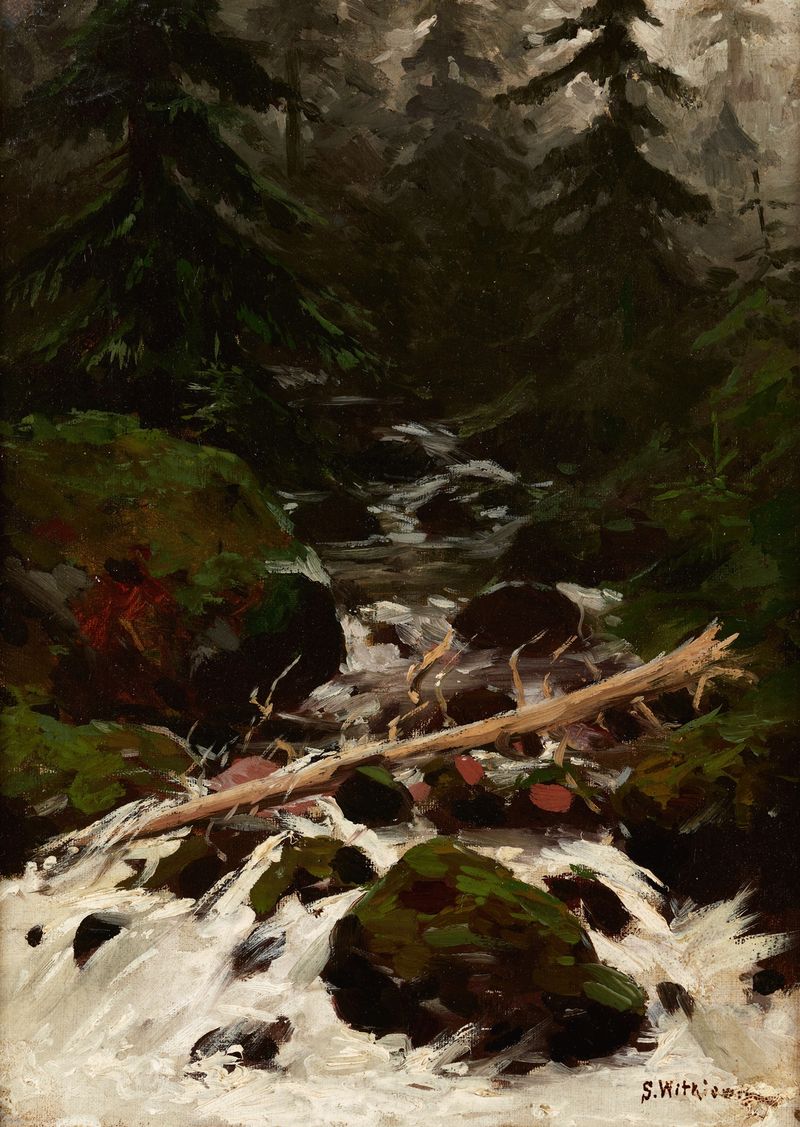 Paisagem com um riacho na floresta, pintura a óleo de Stanisław Witkiewicz