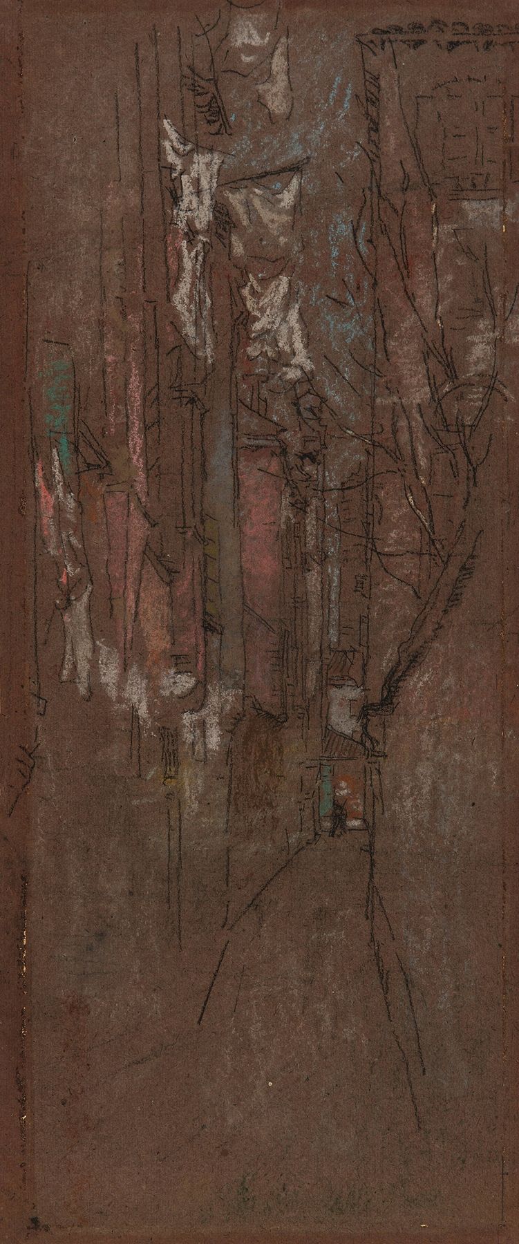 A Street in Venice de James Abbott McNeill Whistler, pintura a óleo que retrata um canal tranquilo com reflexos.