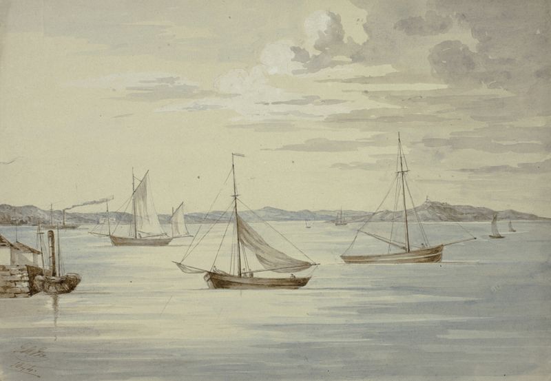 Marine scene depicting Inchkeith and Firth of Forth Islands by Elizabeth Murray, oil painting