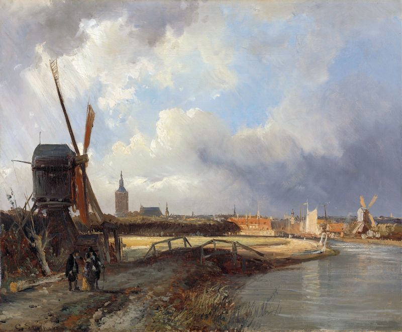 View of The Hague by Cornelis Springer, oil painting depicting a tranquil cityscape at dawn.