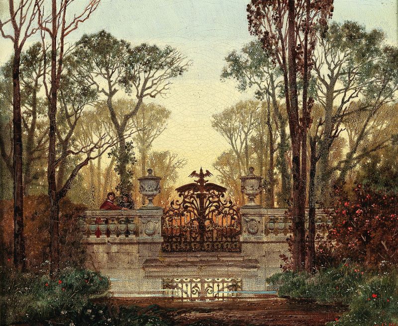 Pintura paisagística a óleo de Ferdinand Knab com um castelo e terrenos exuberantes