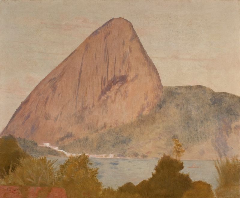 Oil painting by Eliseu Visconti depicting Pão de Açúcar at sunset with reflections on water.