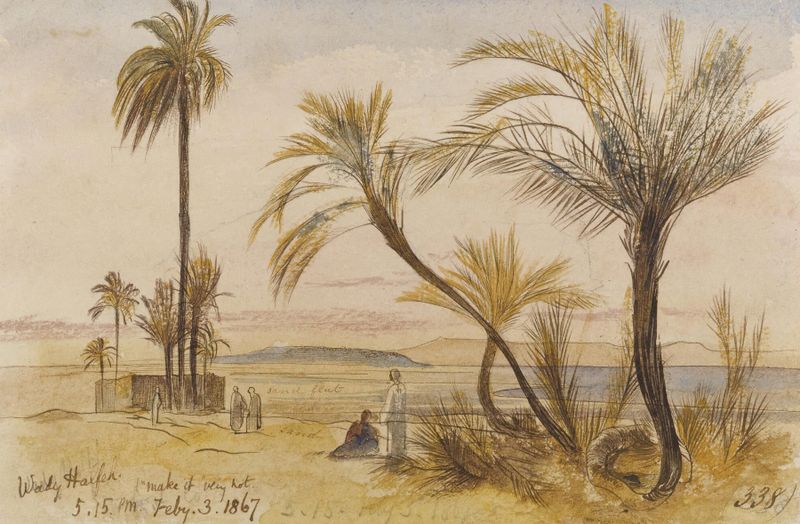 Wady Halfen, Egipto de Edward Lear, óleo que muestra montañas rugosas y un atardecer vibrante.