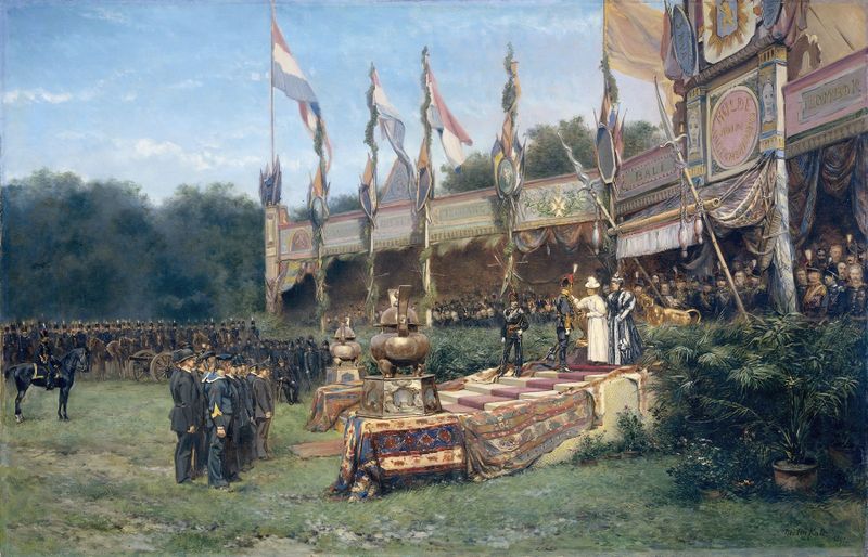 Oil painting by Mari ten Kate depicting Queen Wilhelmina presenting the Lombok Cross.