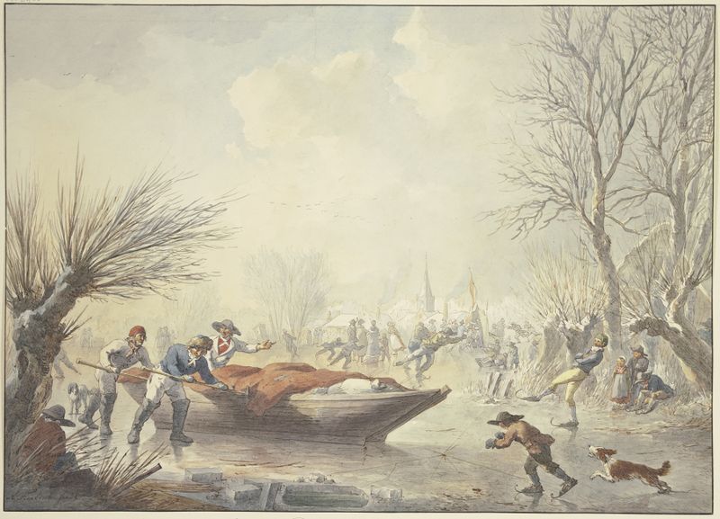 Winterlandschaft by Abraham Teerlink, depicting men pushing a boat on ice, oil painting.