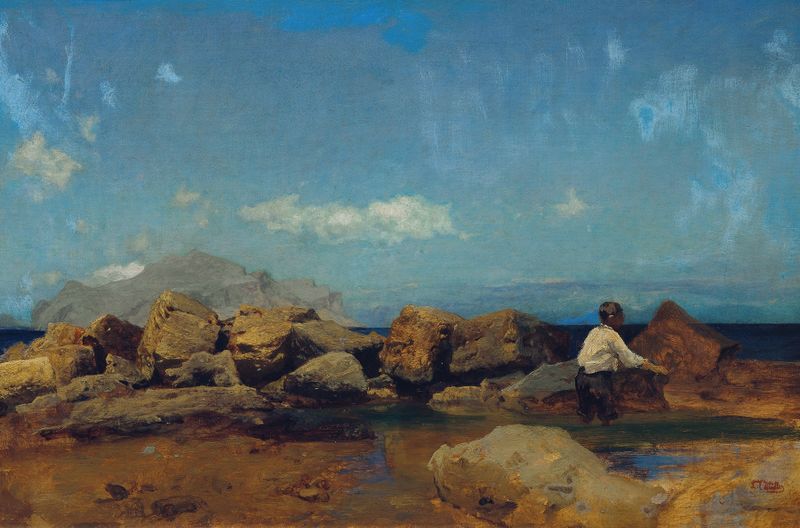 Coastal landscape with sunlit waves and Monte Pellegrino, oil painting by Leopold Carl Müller