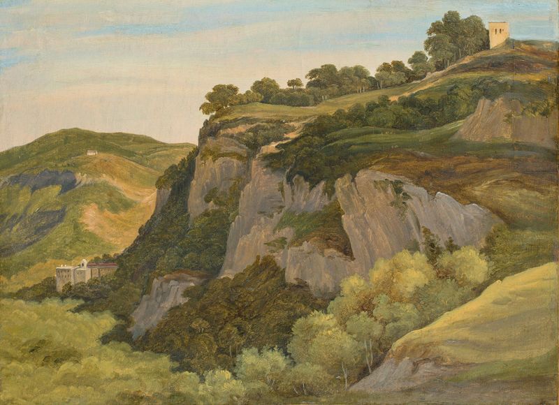 Landschaft oberhalb von Subiaco de Heinrich Reinhold, óleo sobre tela mostrando colinas e vegetação.