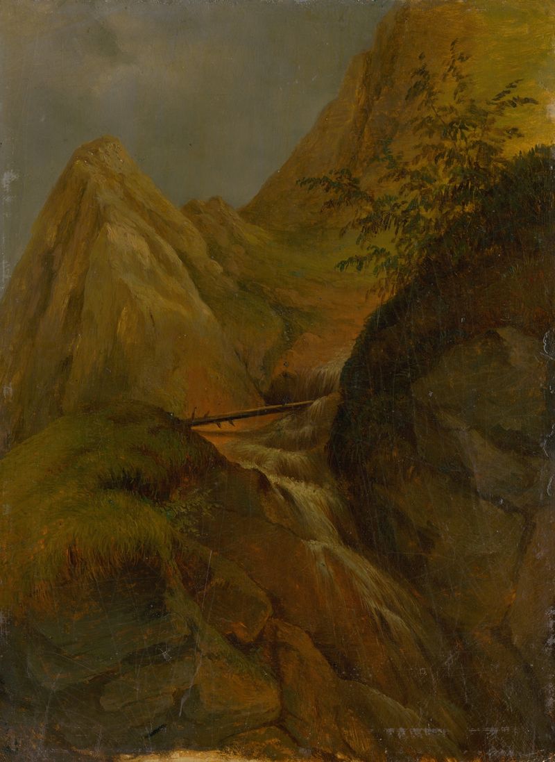 Mountain landscape with a waterfall, oil painting by Jozef Božetech Klemens