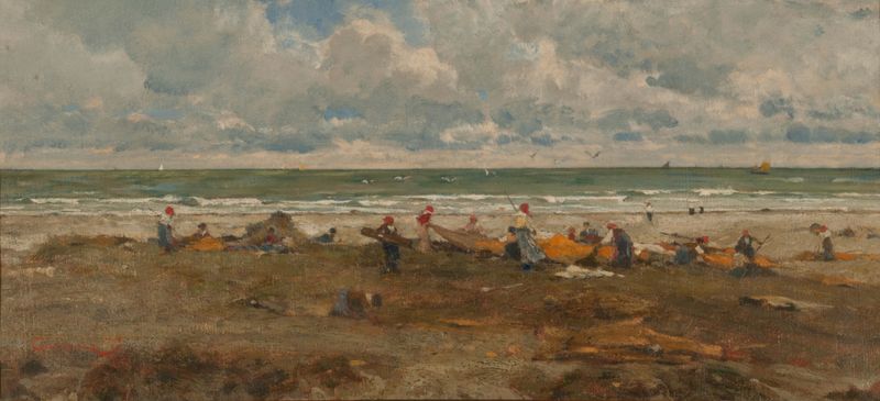 Fishermen on the beach by Filippo Carcano, realism, depicting fishermen casting nets into the waves.