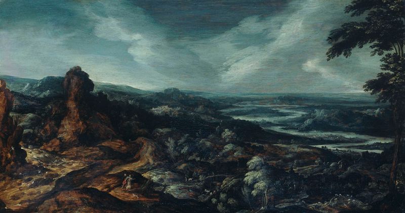 Panoramic landscape with Tobias and the Angel, oil on panel by Kerstiaen de Keuninck