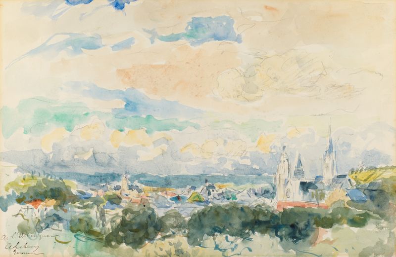 Paisagem representando uma cena de aldeia de Albert Lebourg, impressionismo