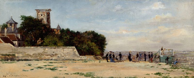Pintura a óleo de paisagem por Louis Marie Chevalier que retrata Montmartre com árvores e edifícios.