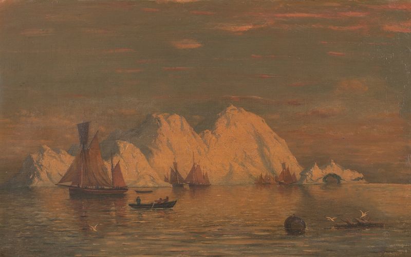 Oil painting by William Bradford depicting icebergs in ocean waters