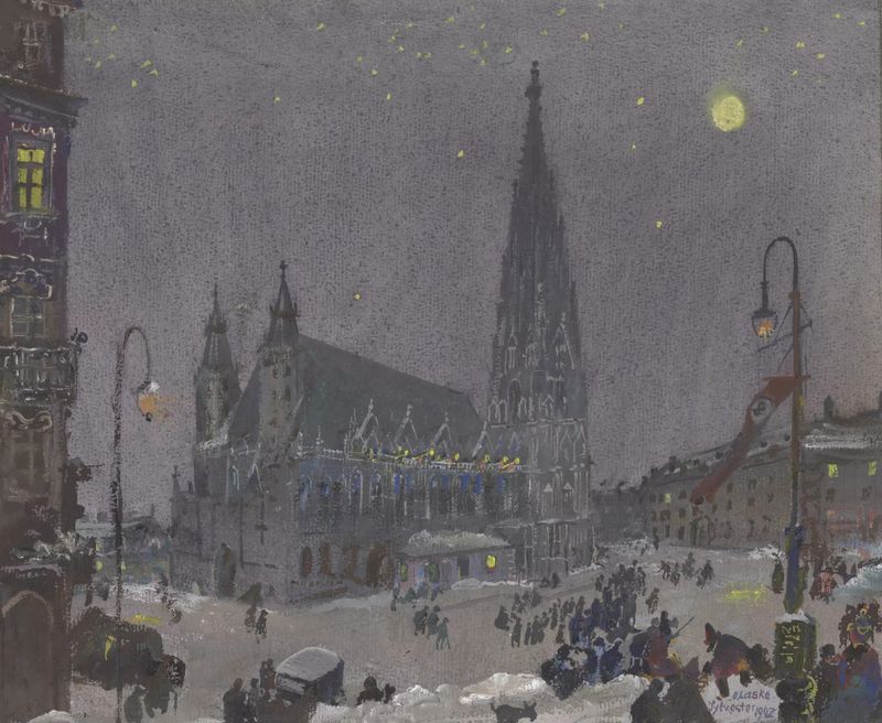 Obra abstracta de Oskar Laske, Trompetenblasen in der Sylvesternacht 1942, con colores vibrantes y cielo nocturno.