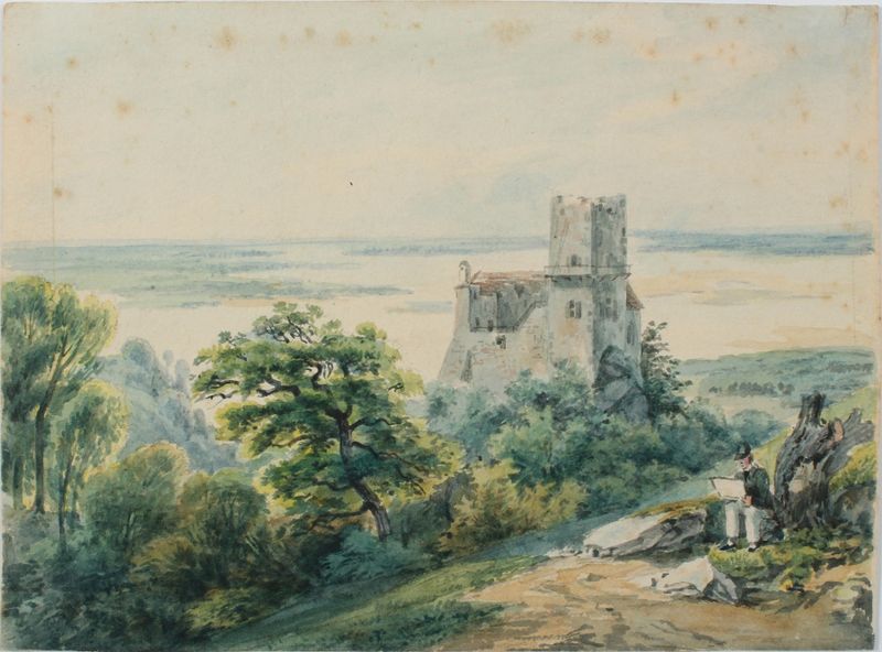 Landscape with sea and ruins, oil painting by Gustav Barbarini